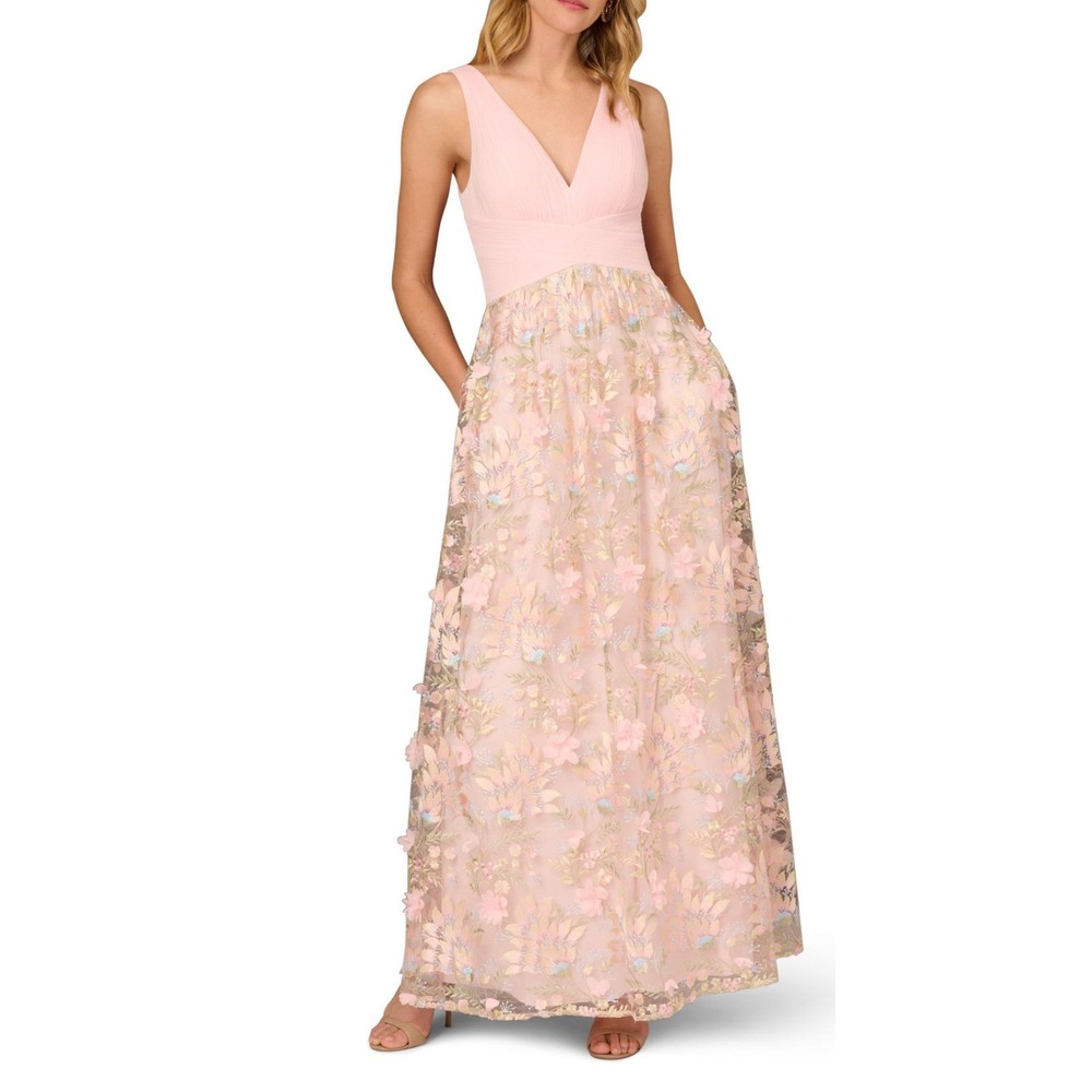Aidan Mattox Embroidered Mesh Ball Gown Pink Multi V Neck Sleeveless Formal Sz 6